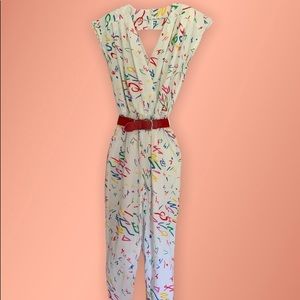 Vintage 80s jumpsuit with pockets, shoulder pads, belt- see description